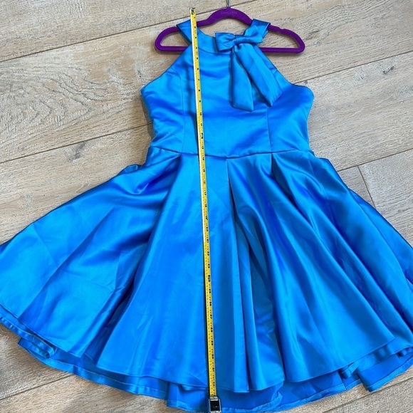 Blue Satin custom party wear full skirt, X back, 14 girl - Picture 3 of 7